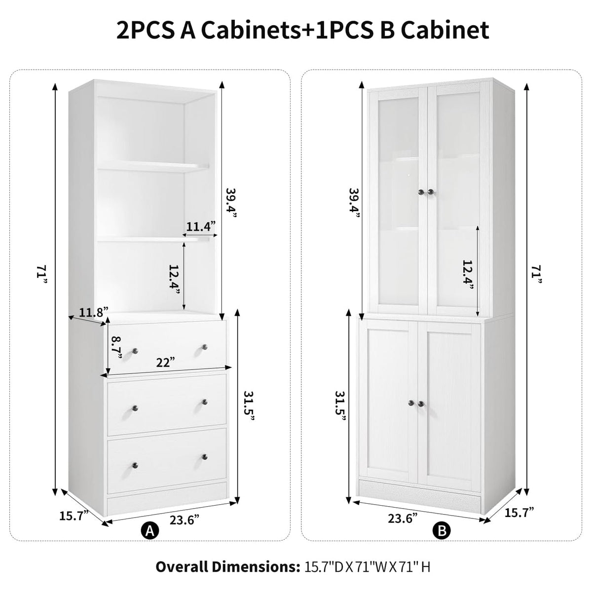 3-Piece Bookcase Set with Drawers and Glass Doors
