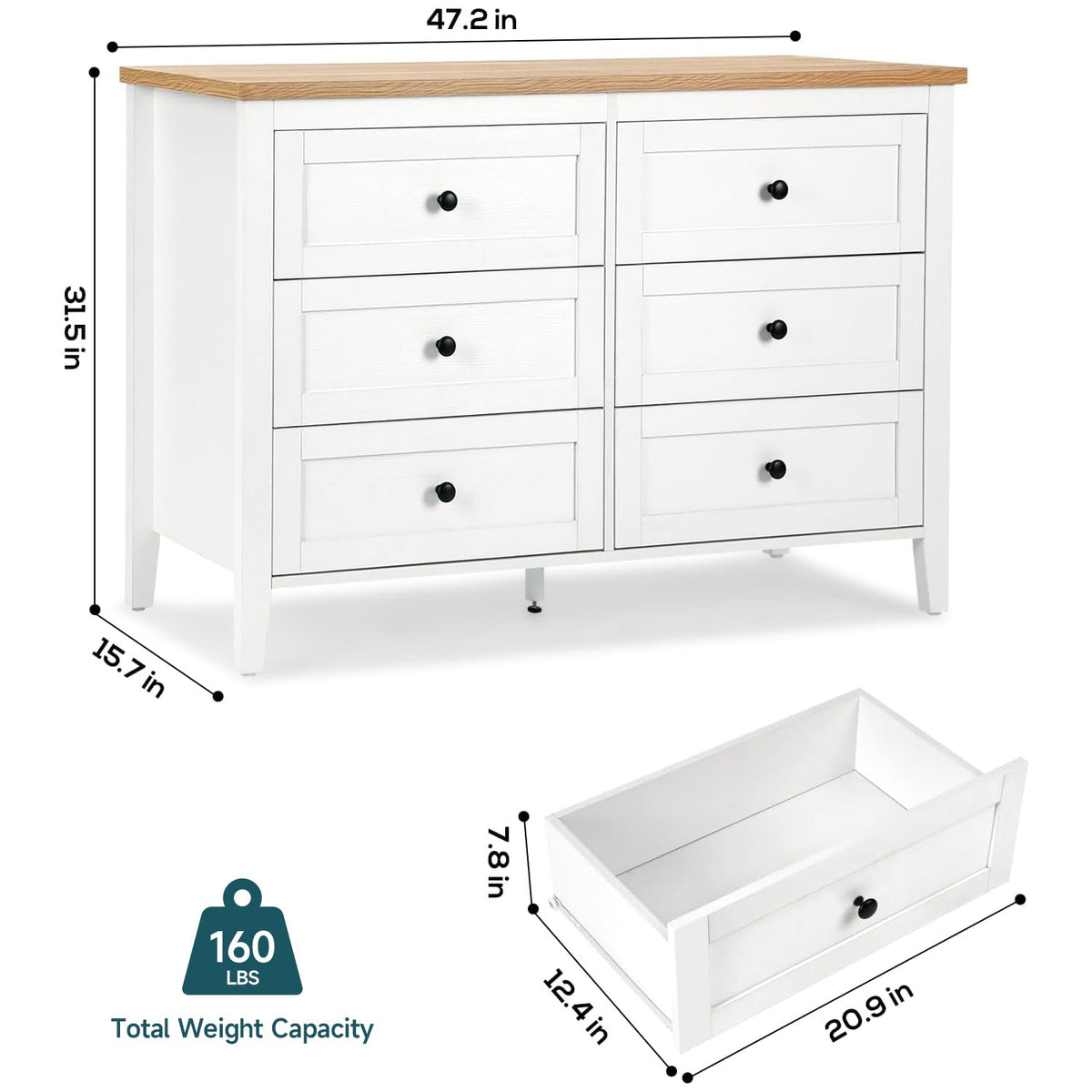 Traditional White 6 Drawer Dresser