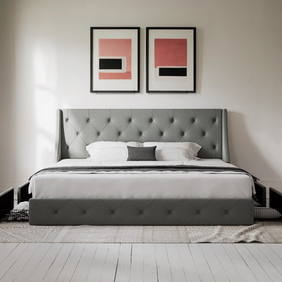 Wingback Storage Bed Frame with 4 Drawers, Tufted