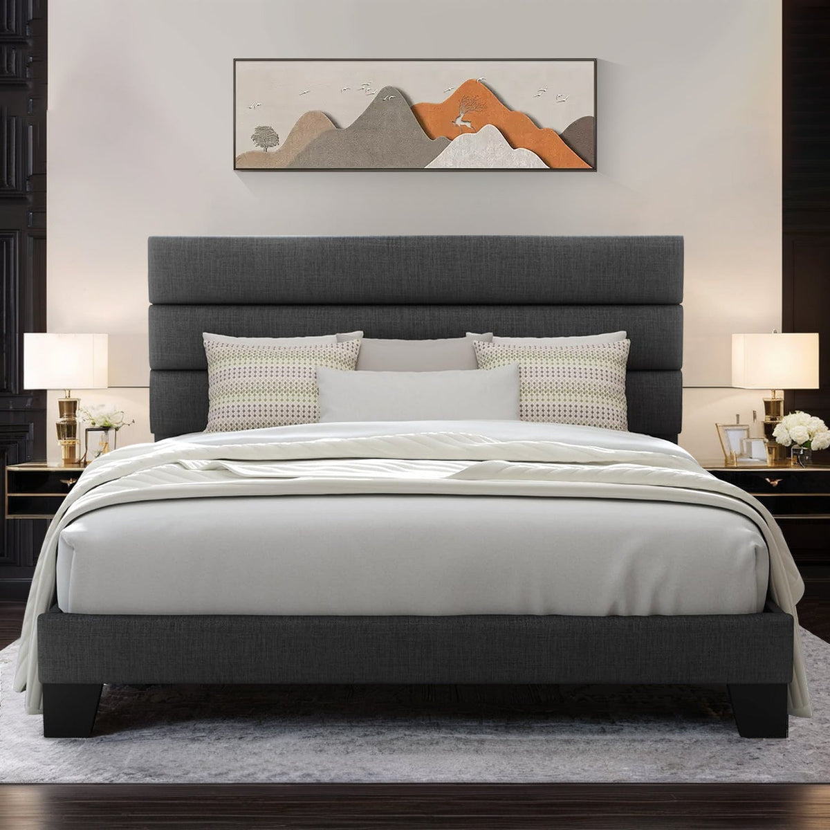 Platform Bed Frame with Upholstered Headboard, No Springs