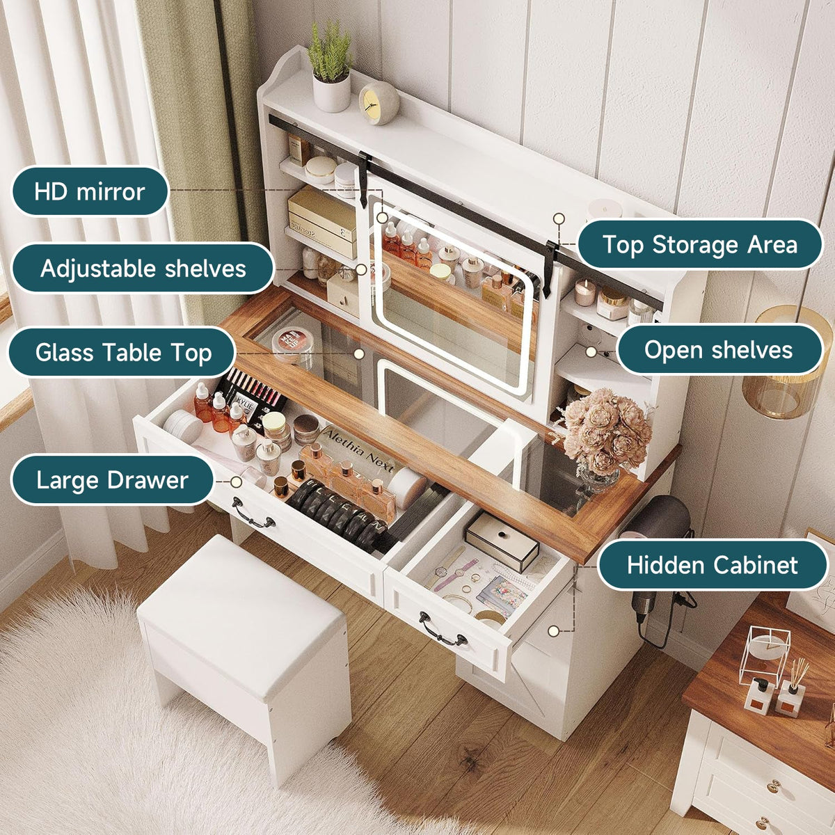Farmhouse Makeup Vanity Desk with Sliding Mirror