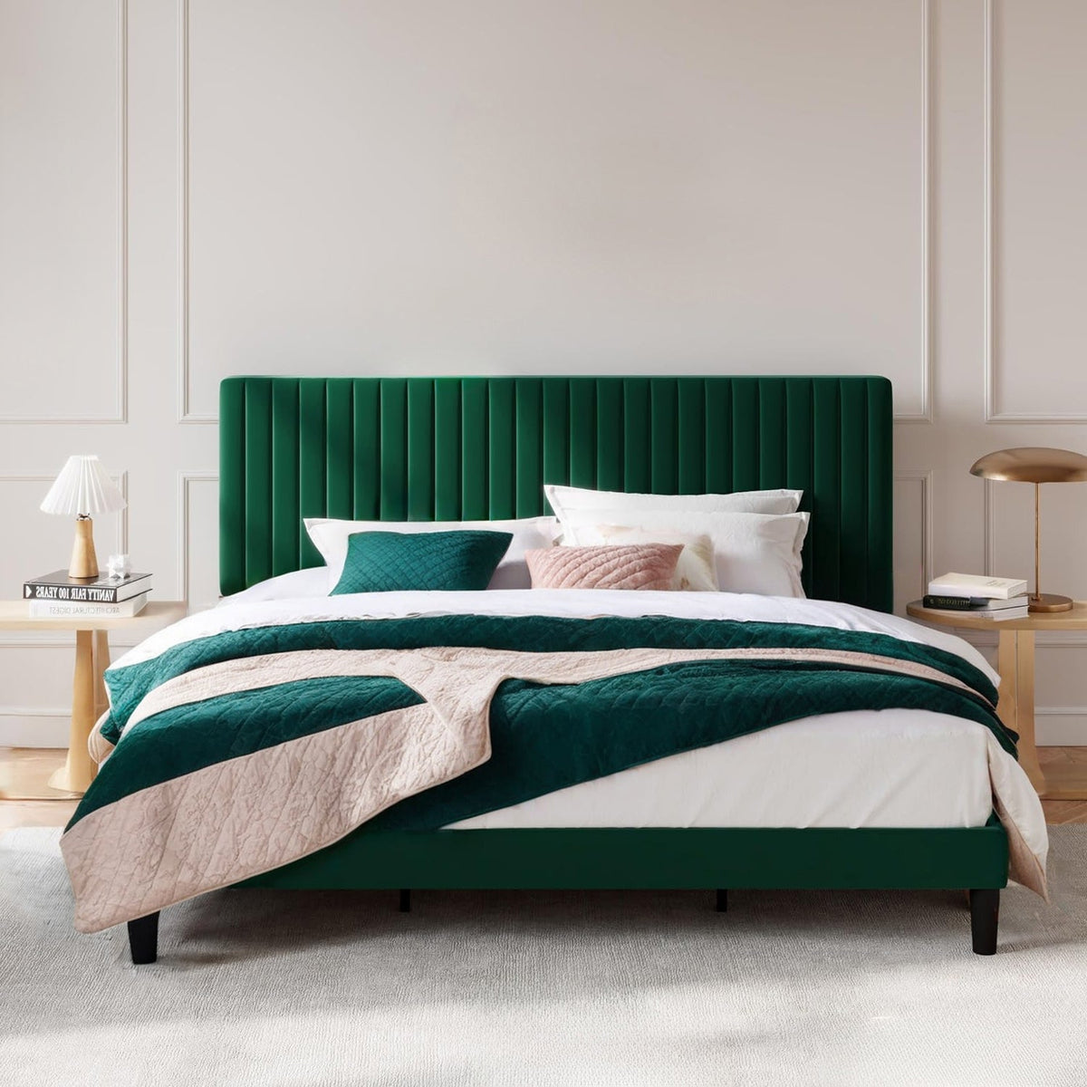 Velvet Wingback Platform Bed, No Box Spring Needed