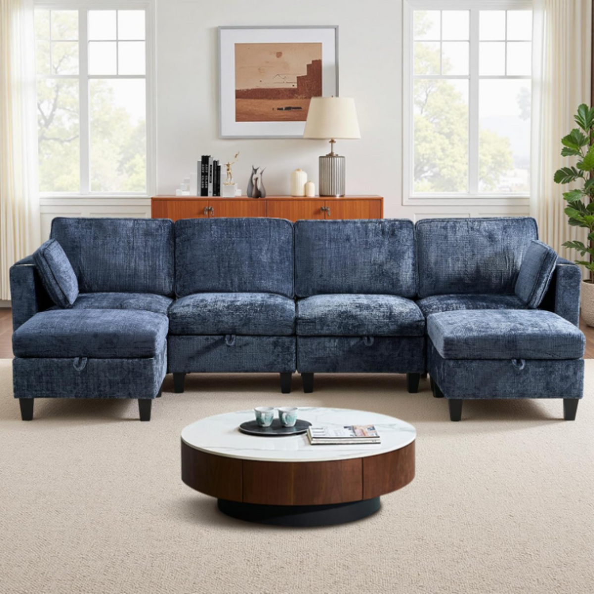 110 Inch U-Shaped Modular Chenille Sleeper Sectional