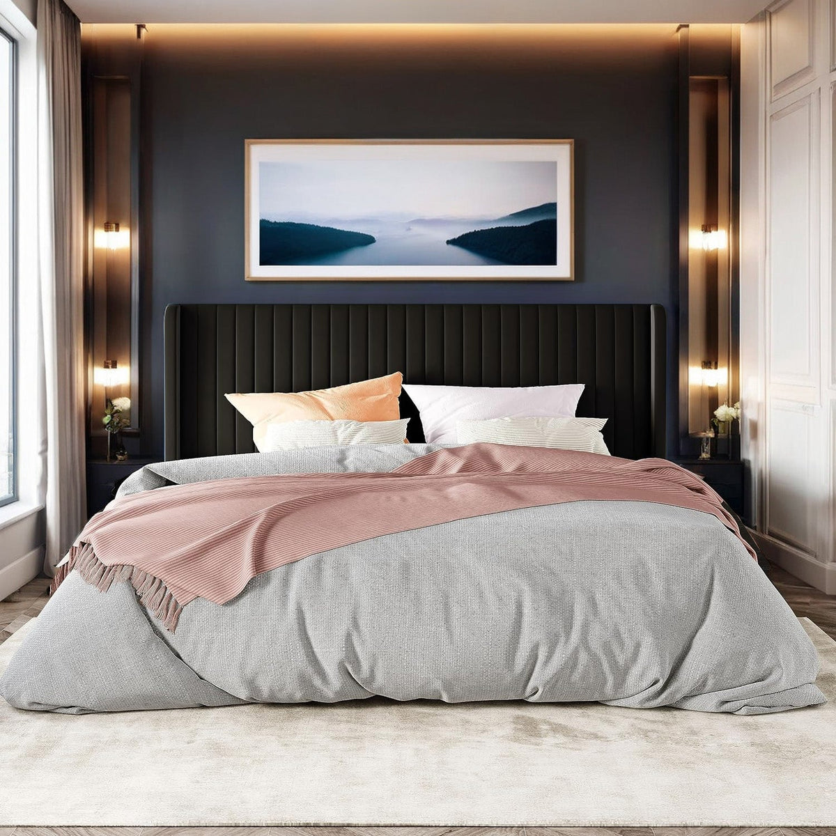 Velvet Platform Bed Frame with Tufted Headboard