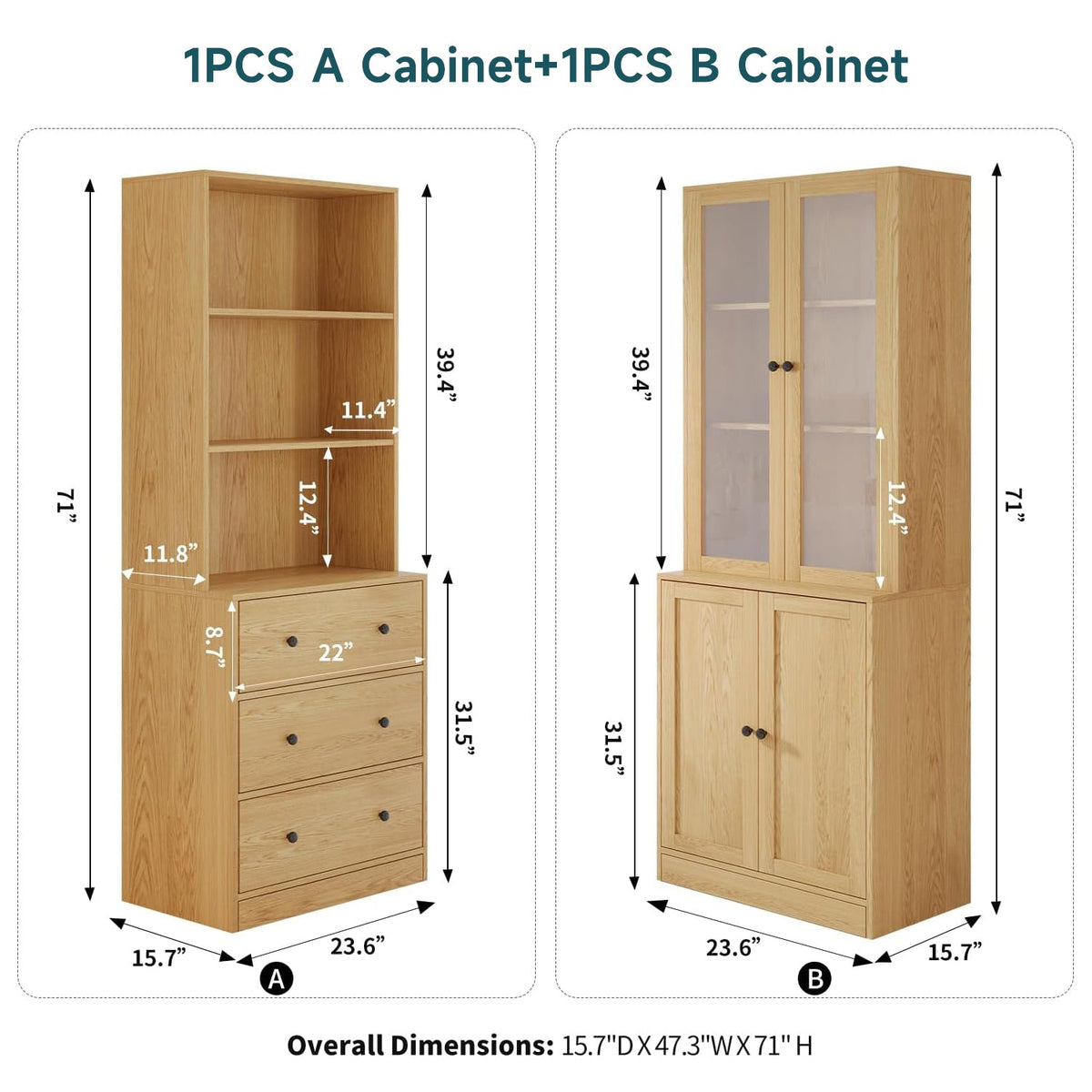 2-Piece 71" Bookcase Set with Glass Door Cabinet