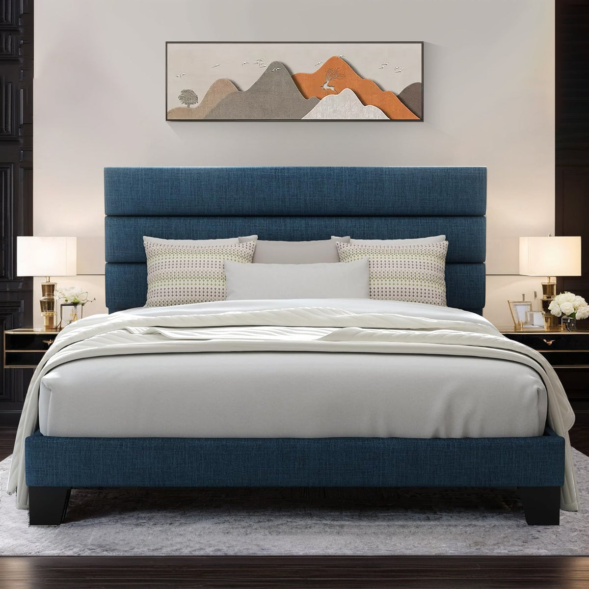 Platform Bed Frame with Upholstered Headboard, No Springs
