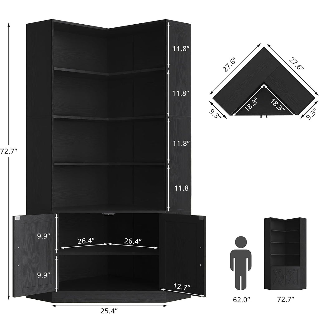 72.7-Inch Tall Corner Bookshelf with Door, 6-Tier