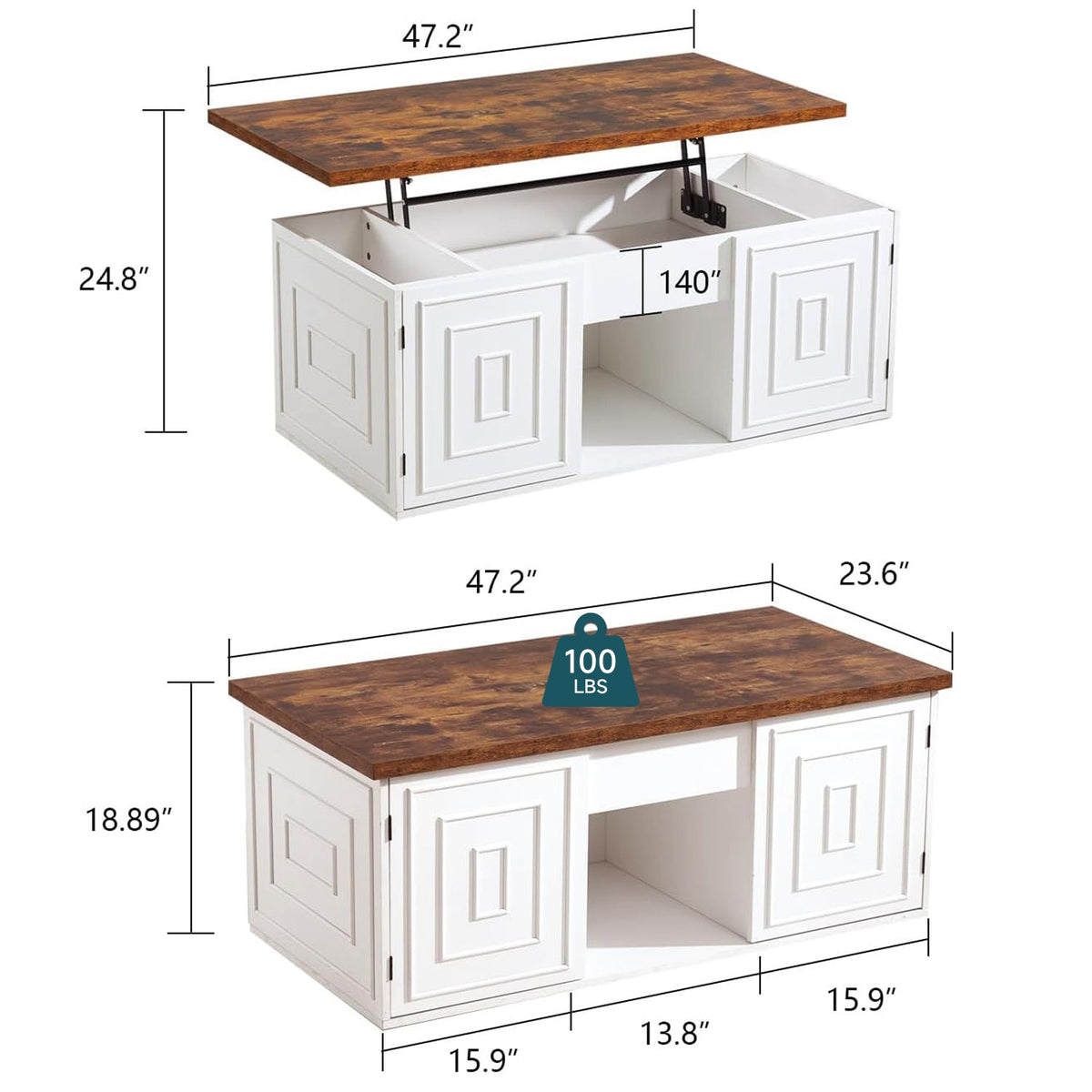 48 Inch Farmhouse Lift Top Coffee Table with Storage