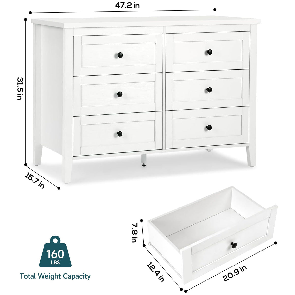 Traditional White 6 Drawer Dresser