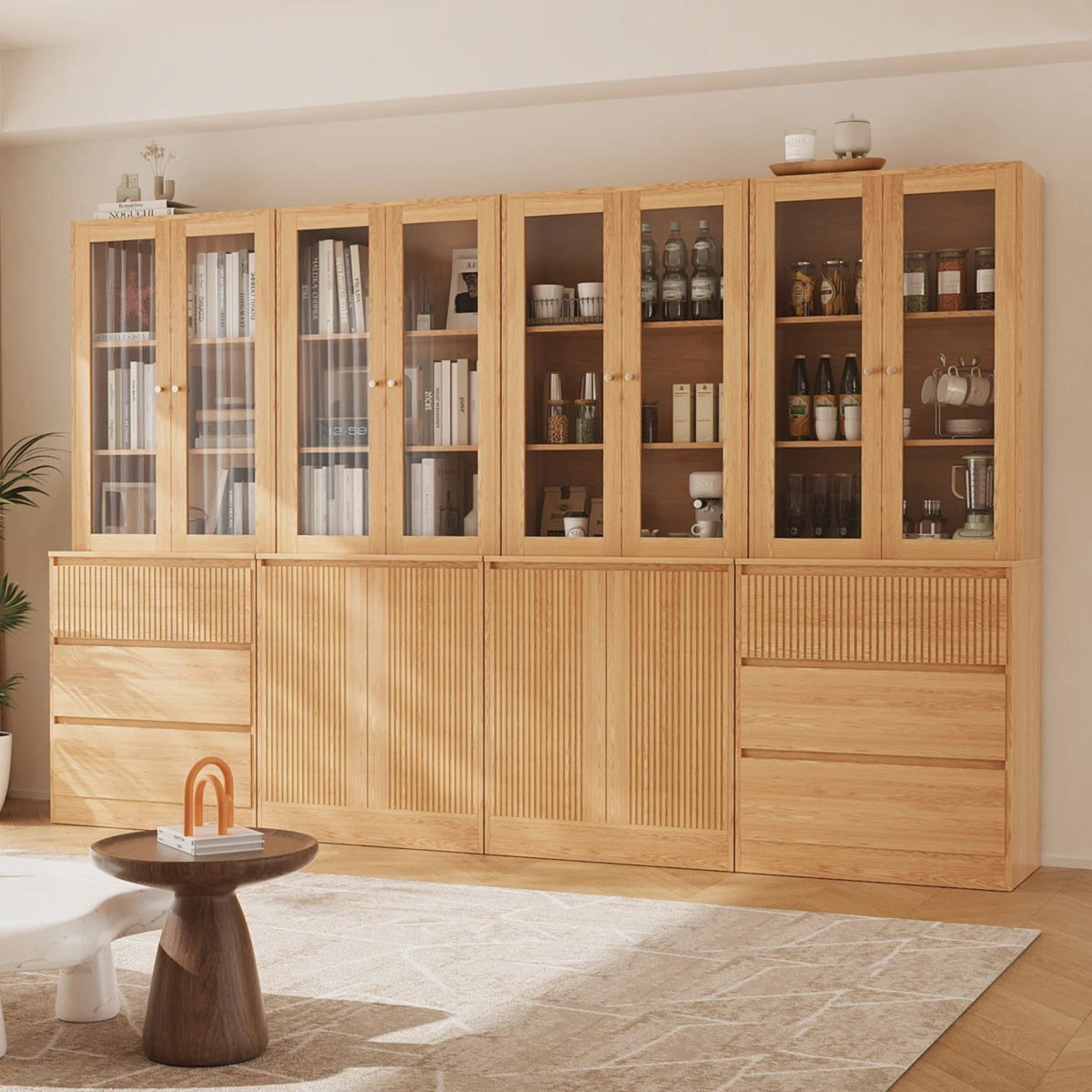 4-Piece Bookcase Set with Glass Doors and Drawers