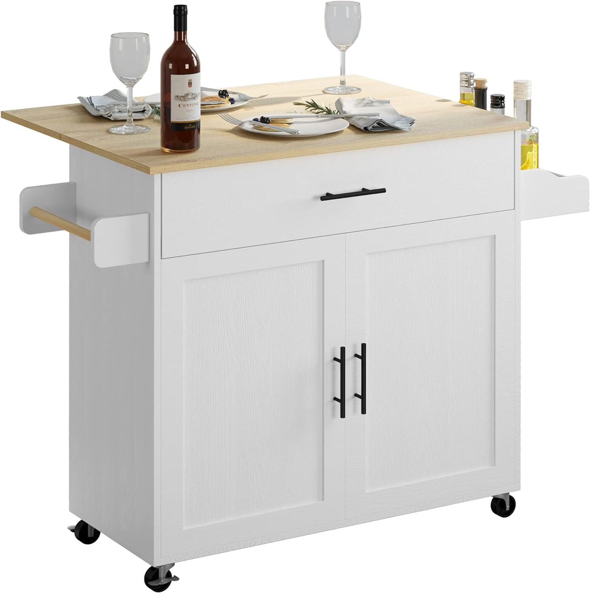 Rolling Kitchen Island with Drop Leaf and Towel Rack
