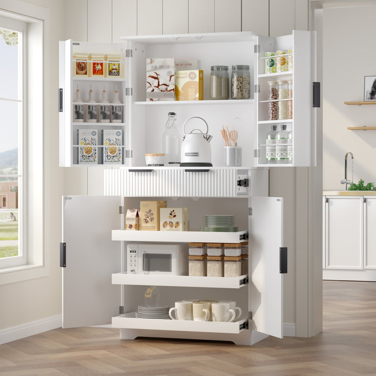 72 Inch Fluted Kitchen Pantry Cabinet with 2 Doors