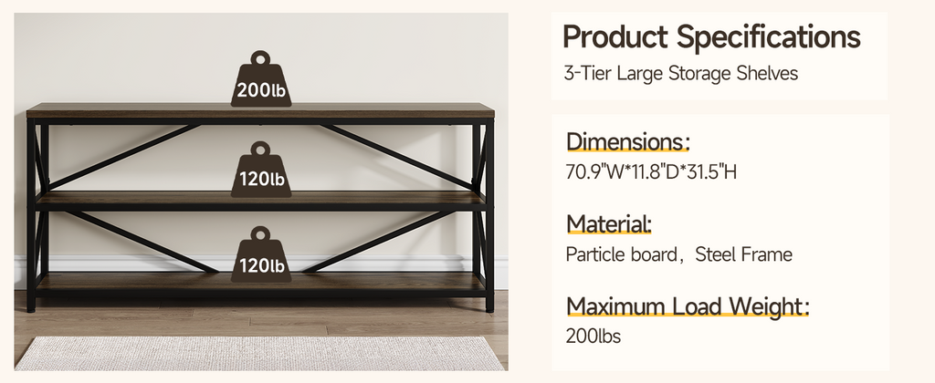 70.8 Inch Industrial Console Table with 3-Tier Shelf