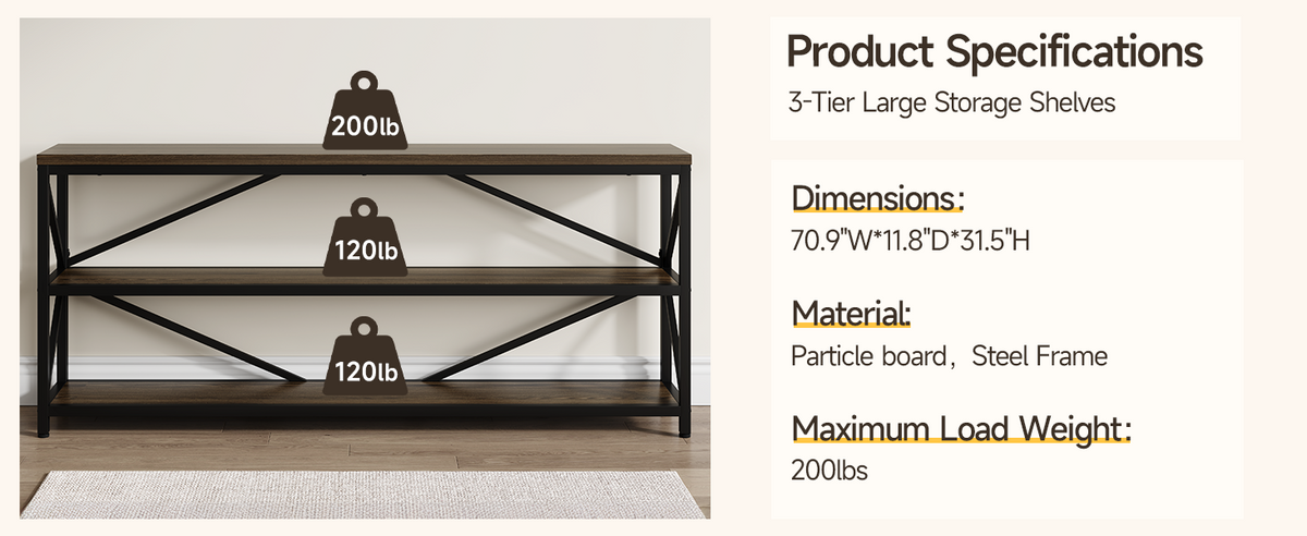 70.8 Inch Industrial Console Table with 3-Tier Shelf