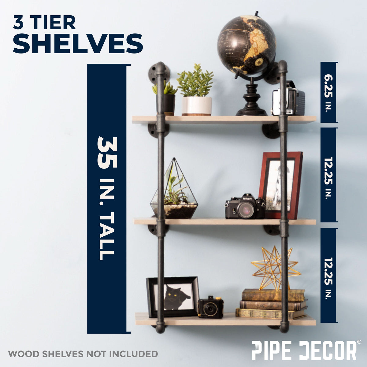 3-Tier Industrial Pipe Wall Shelf