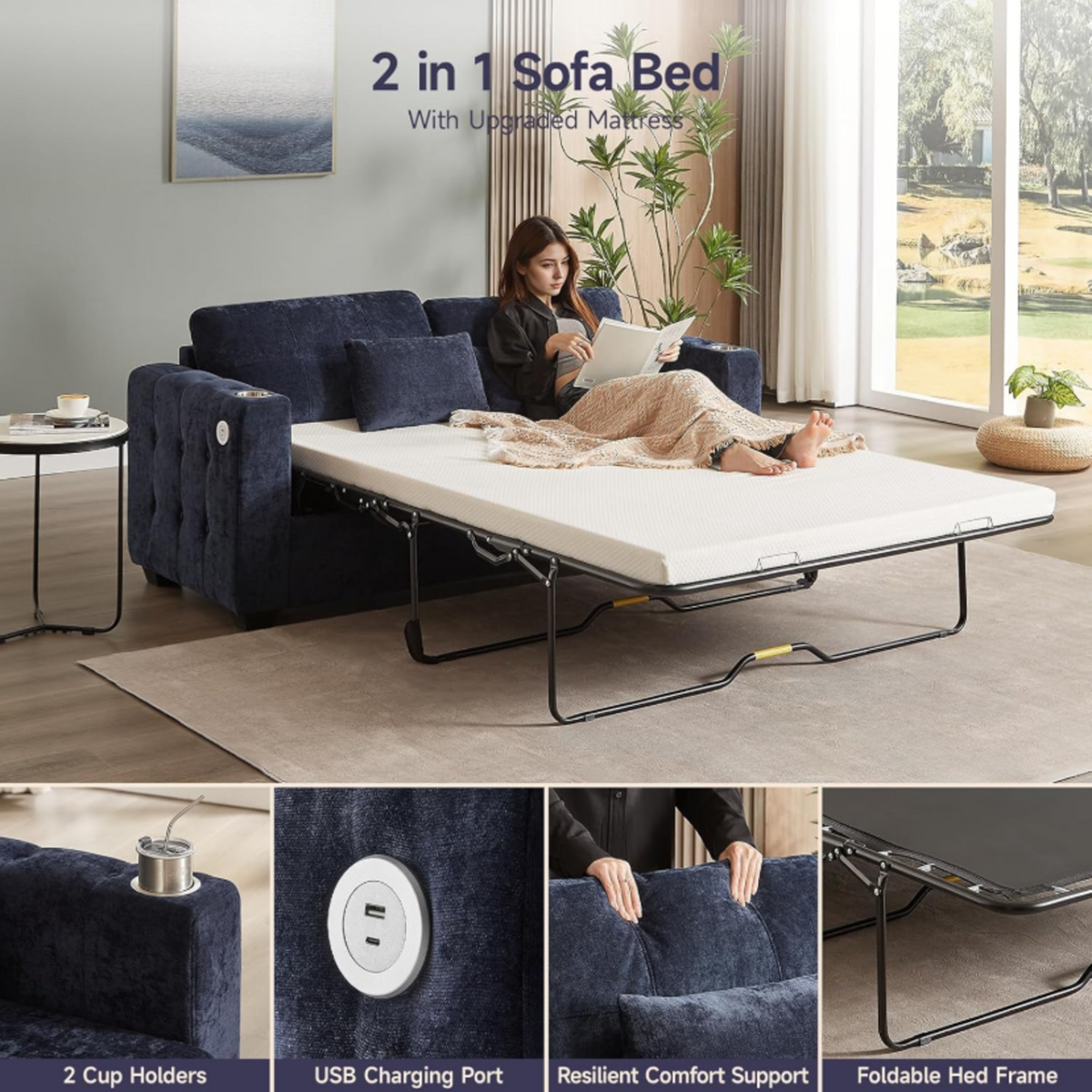 76-Inch Full Size Pull-Out Sofa Bed with USB Port