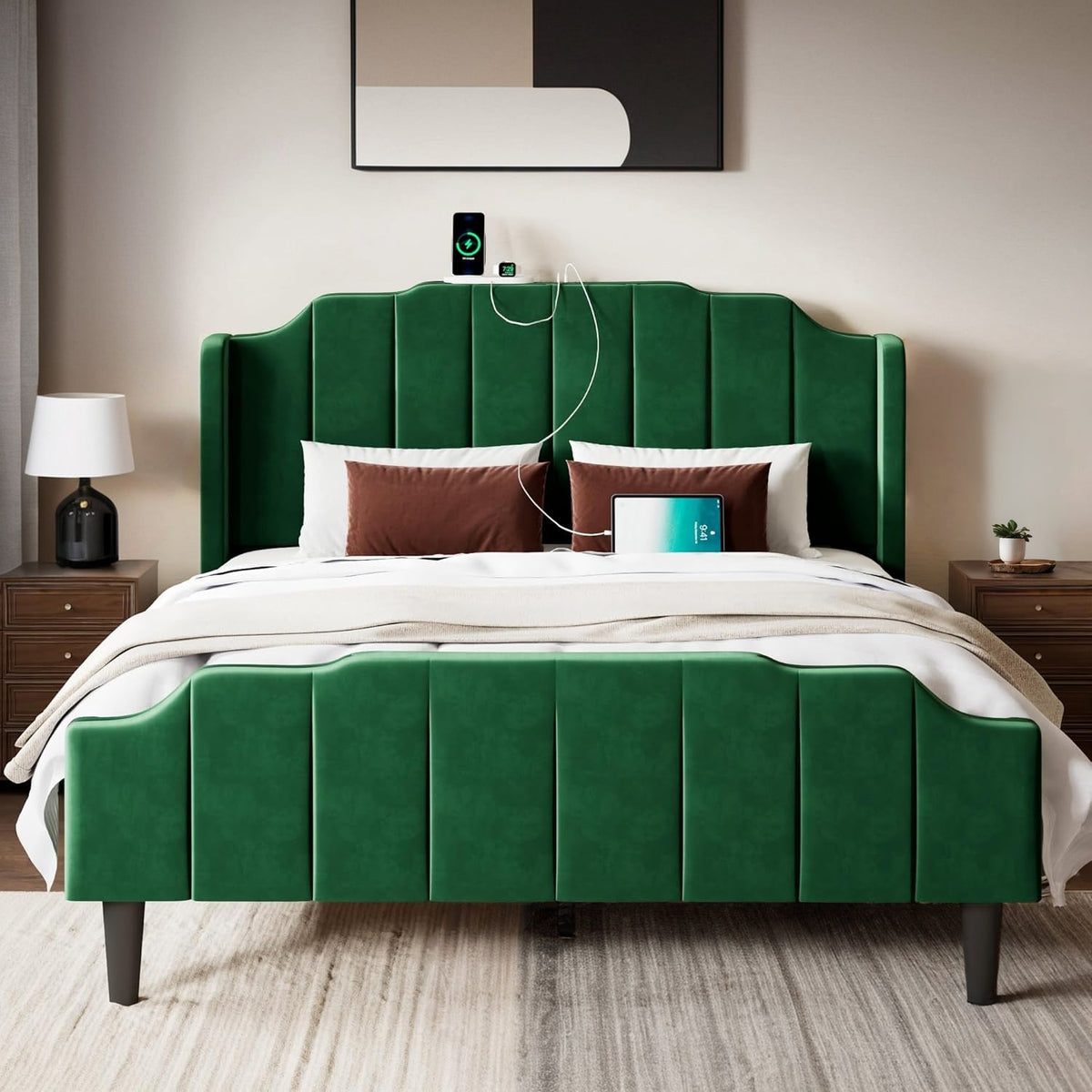 Velvet Curved Tufted Bed with Charging Station Storage