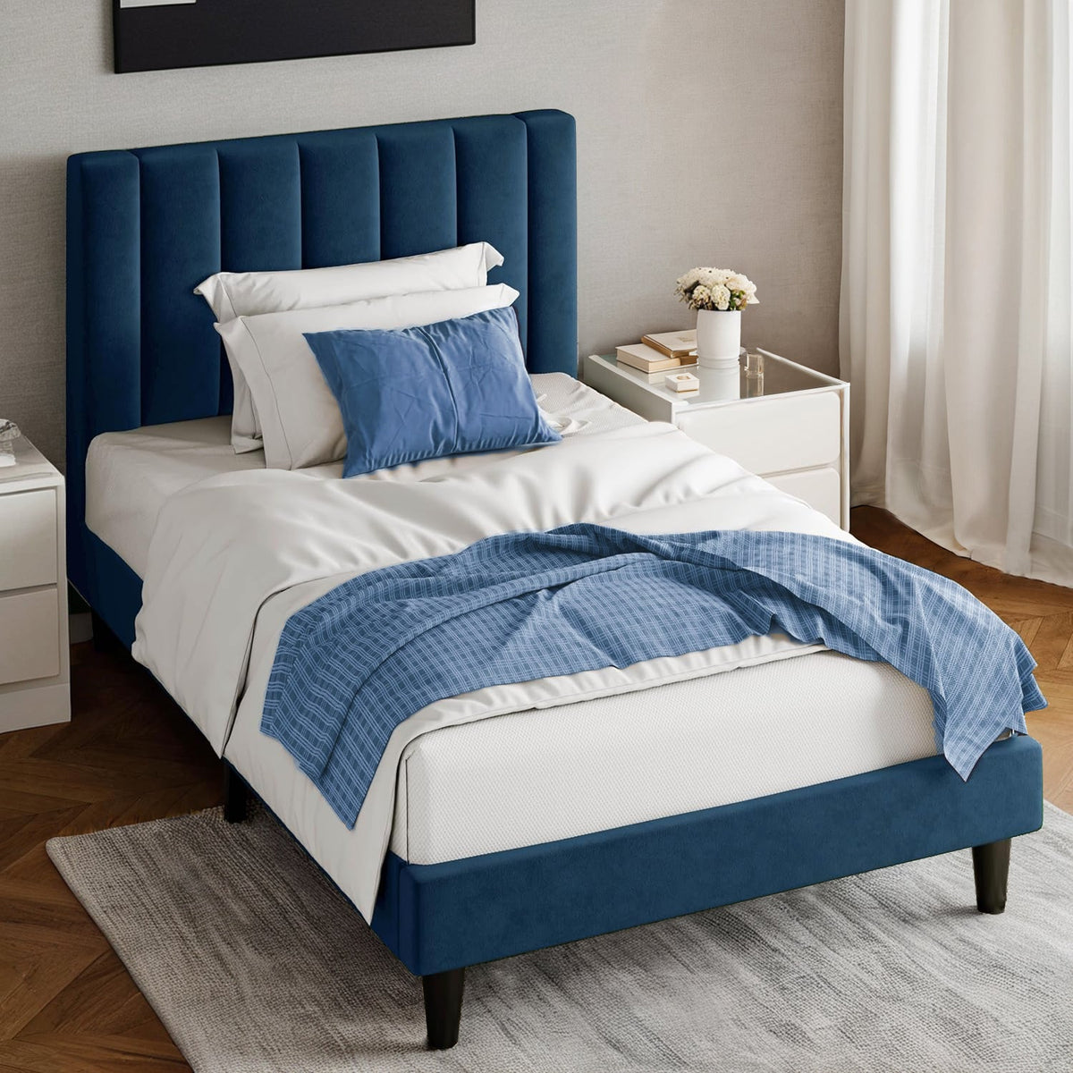 Twin Velvet Platform Bed with Channel Tufted Headboard