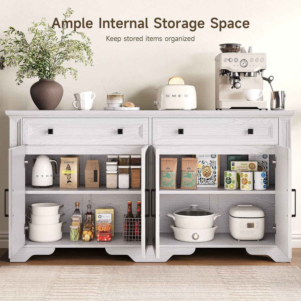 63 Inch Kitchen Sideboard Buffet with Drawers and Doors