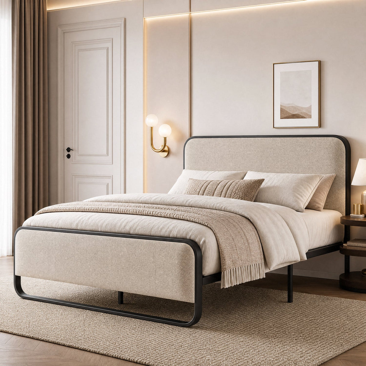 Metal Bed Frame with Curved Upholstered Headboard