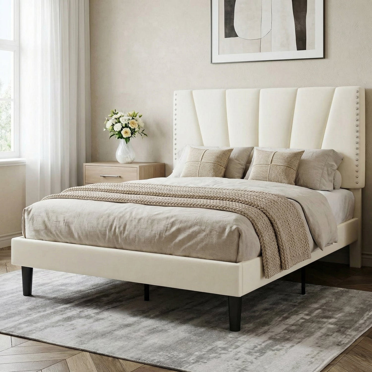 Velvet Platform Bed Frame with Nailhead Trim Headboard