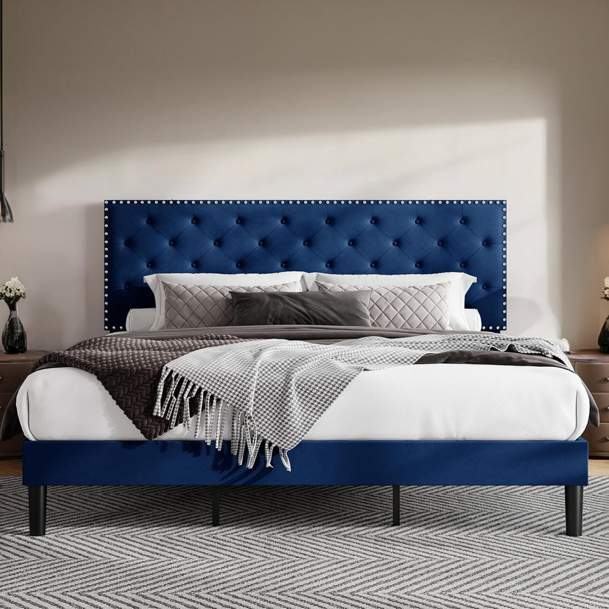 Velvet Upholstered Bed Frame, Button Tufted Headboard