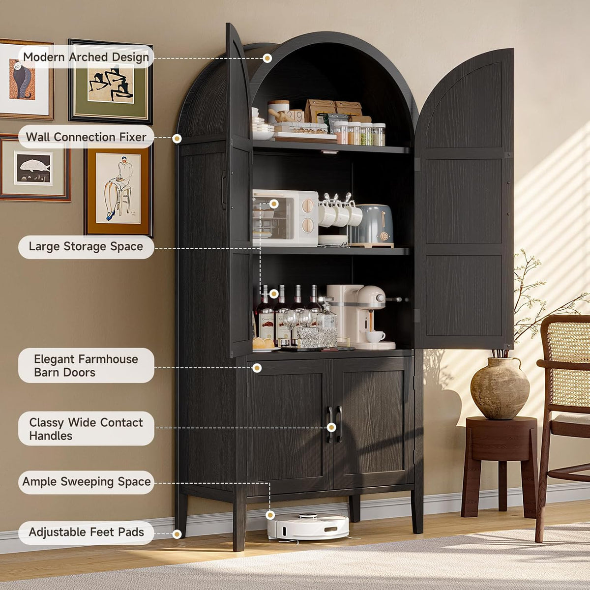 71 Inch Arched Kitchen Pantry Cabinet with Doors