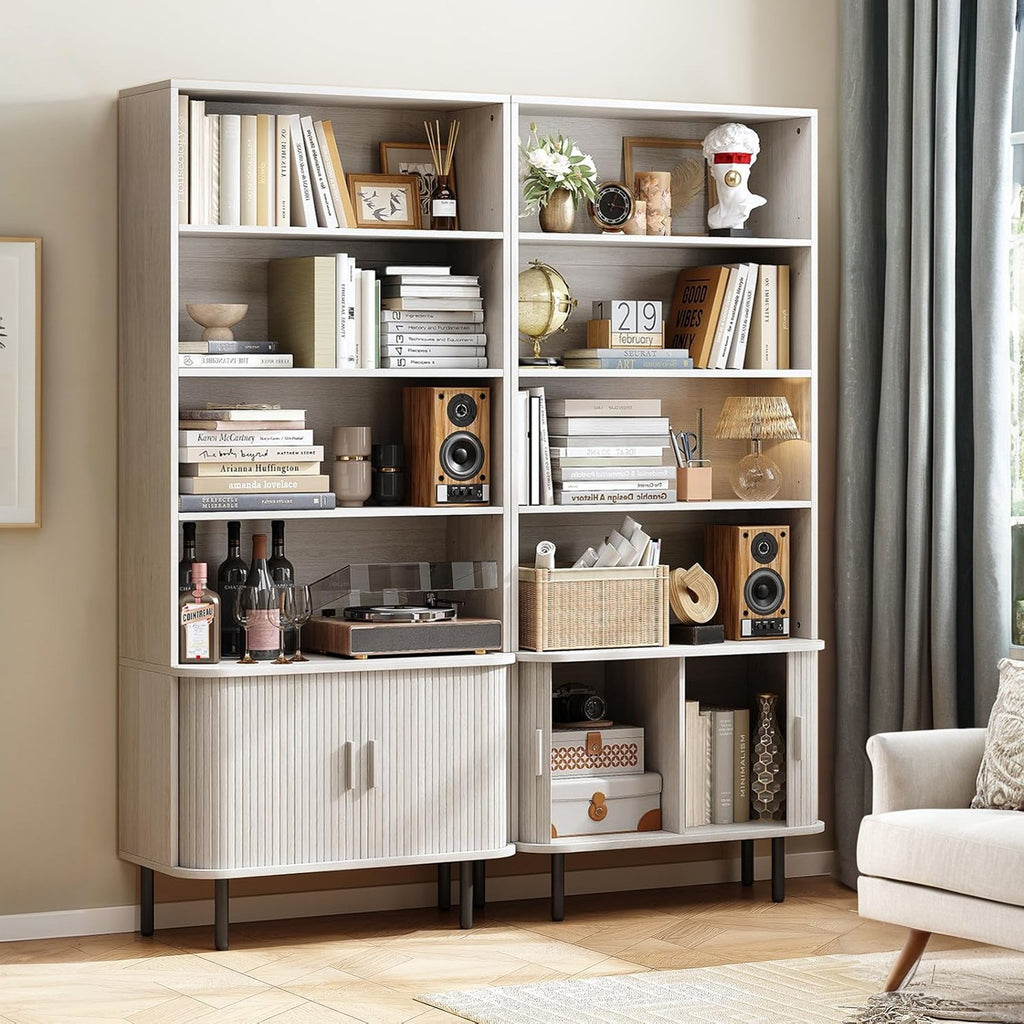 71 Inch 4-Tier Tall Bookcase with Sliding Door Cabinet