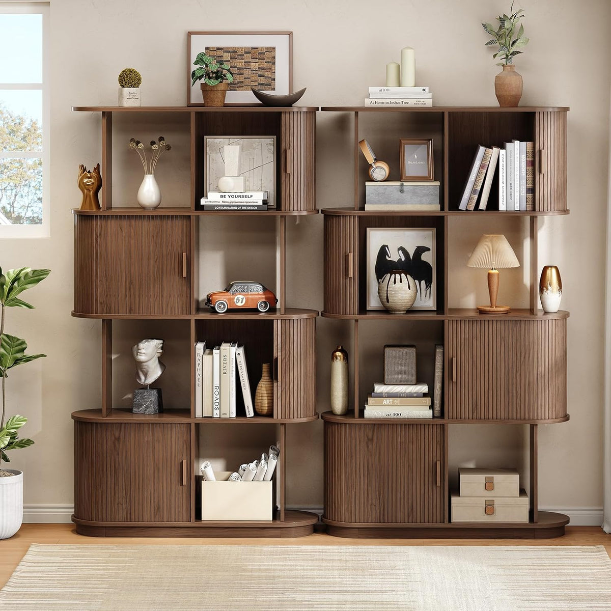 4-Tier Mid-Century Bookshelf with Sliding Door