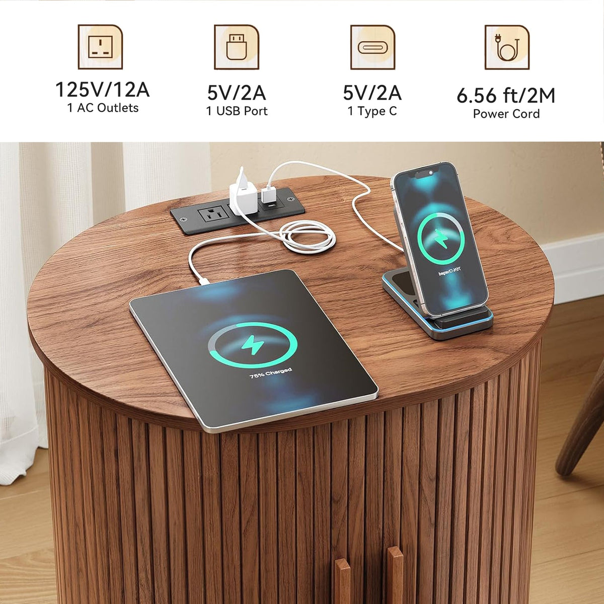 Side Table Nightstand with Charging Station