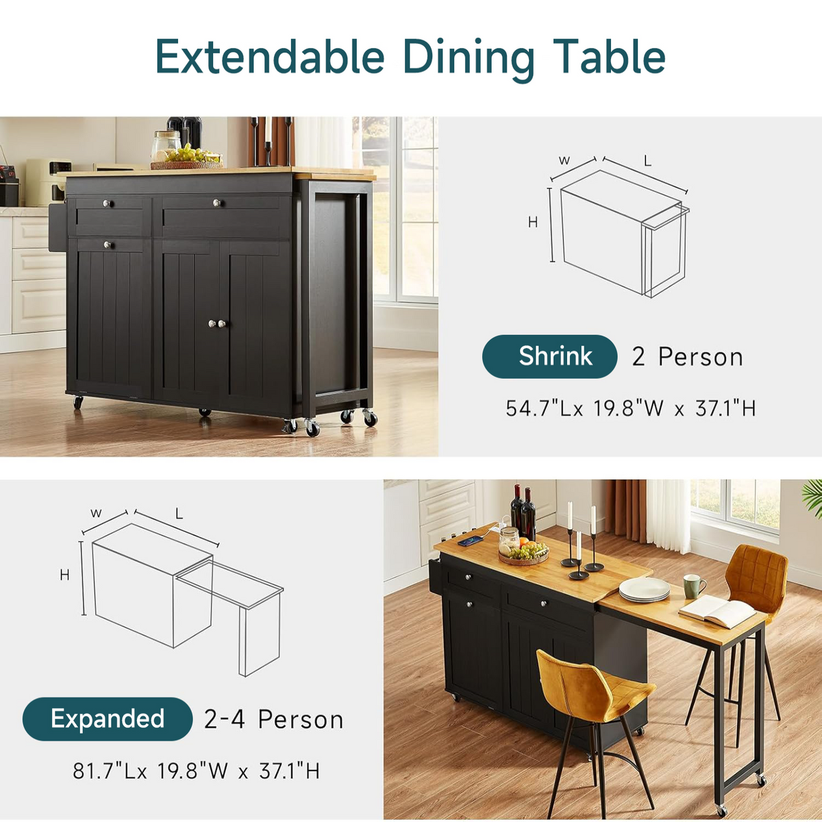 Kitchen Island Cart on Wheels with Extendable Table