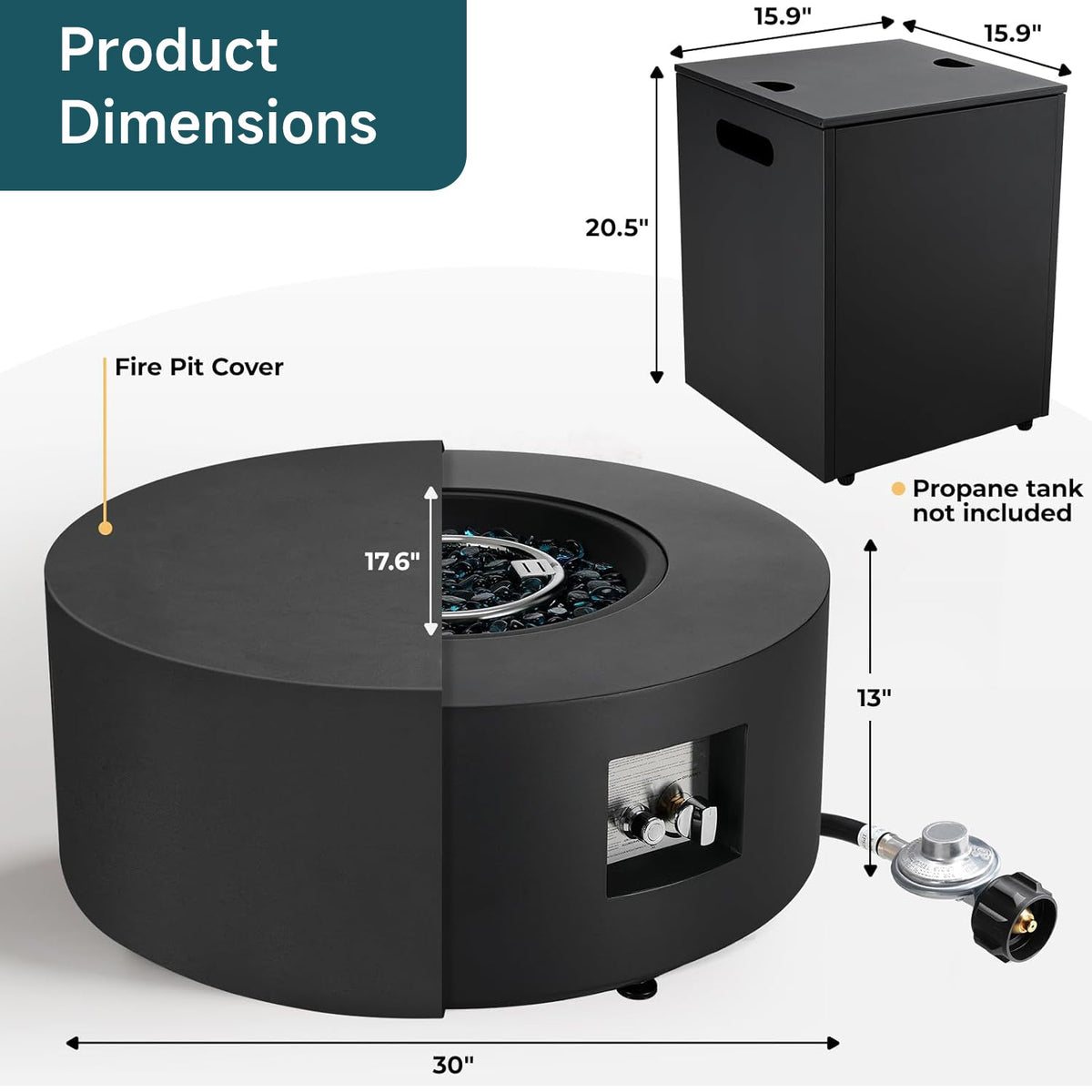30 Inch Propane Fire Pit Table, 50,000 BTU with Lid