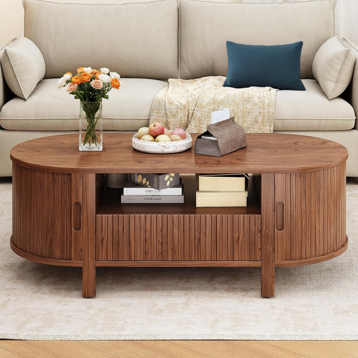 47-Inch Oval Coffee Table with Storage and Sliding Door
