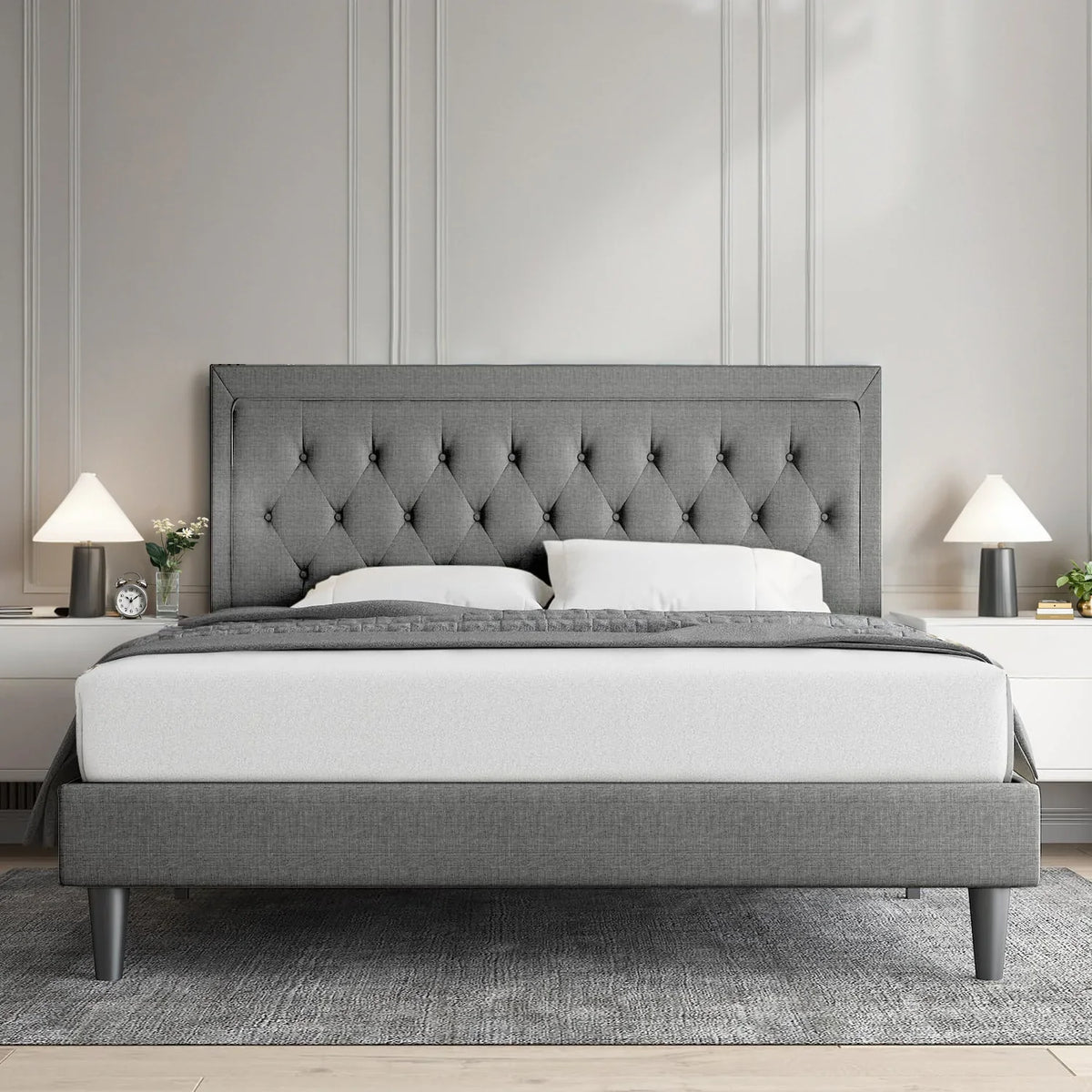 Upholstered Bed Frame with Adjustable Headboard