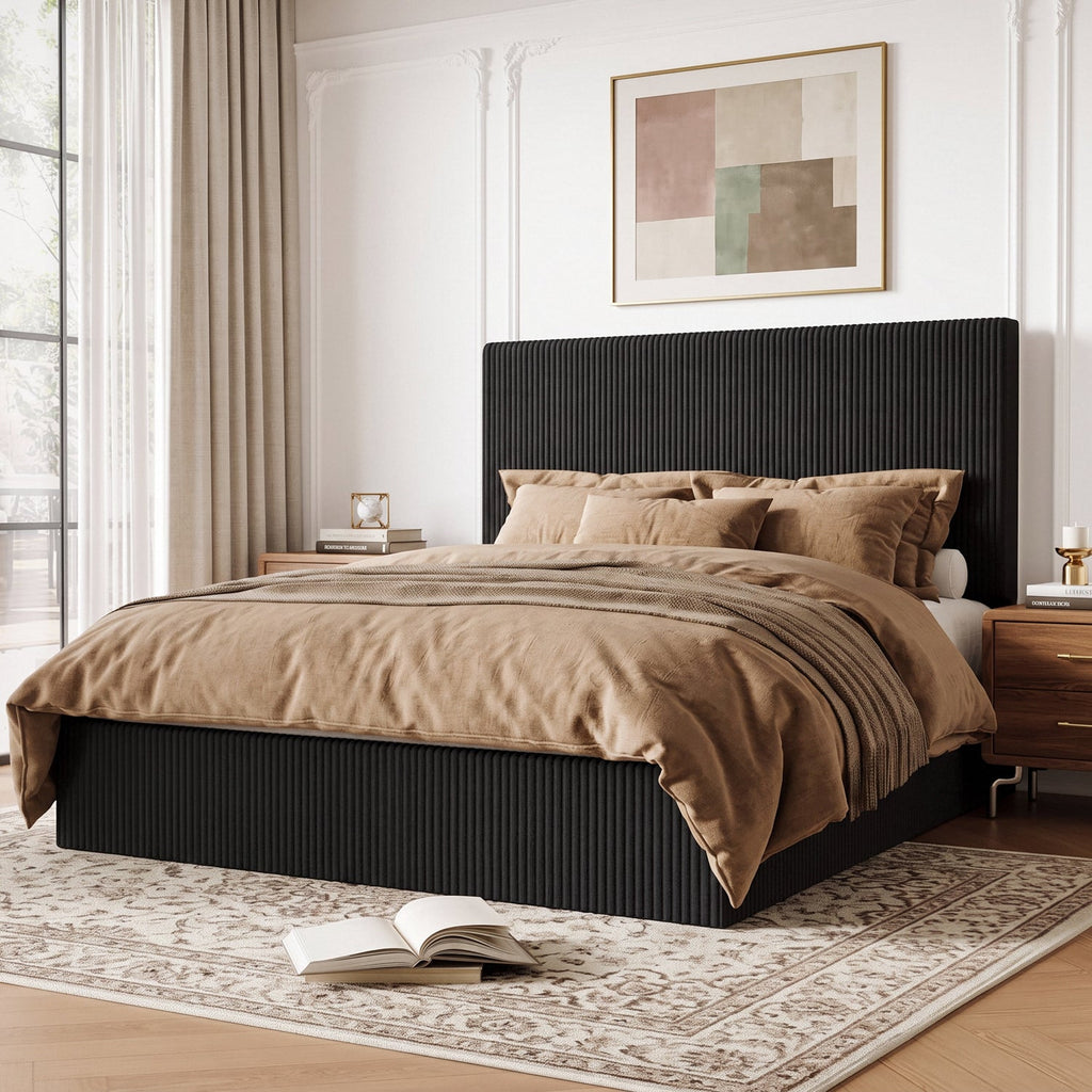 Corduroy Platform Bed Frame with Channel Tufted Headboard