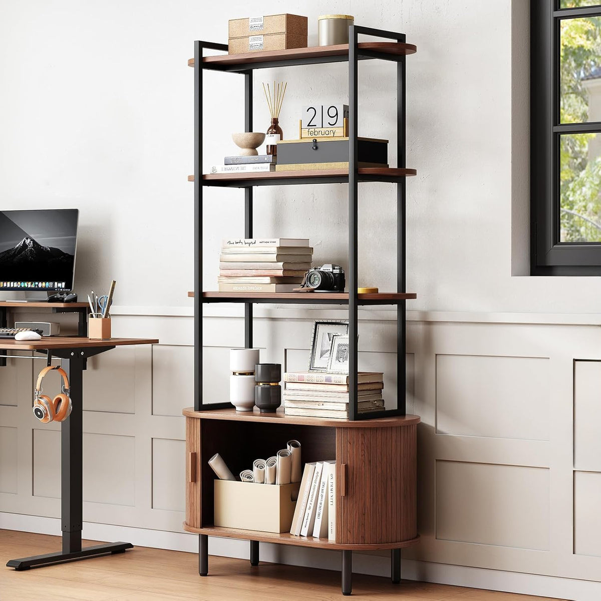 71" Modern 4-Tier Bookshelf with Sliding Door