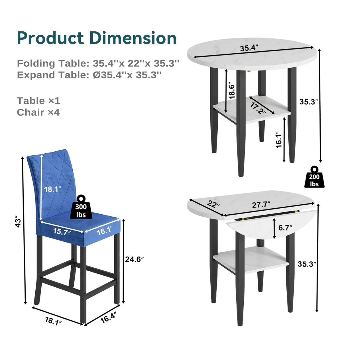 5-Piece Counter Height Dining Set with Marble Table