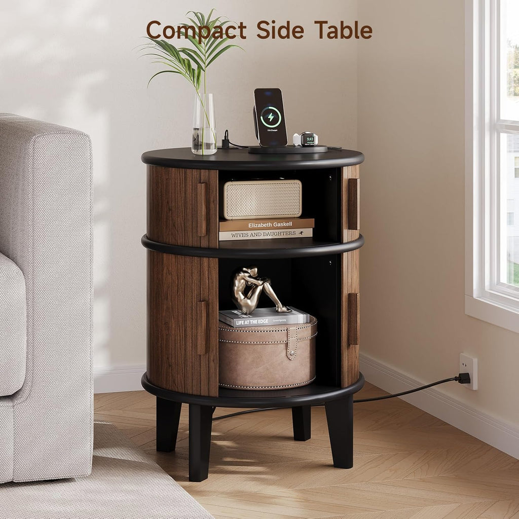 Round End Table Nightstand with Charging Station