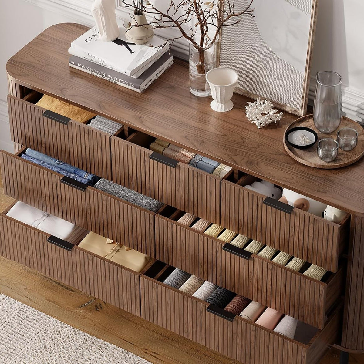 7-Drawer 60-Inch Fluted Dresser with Metal Handles