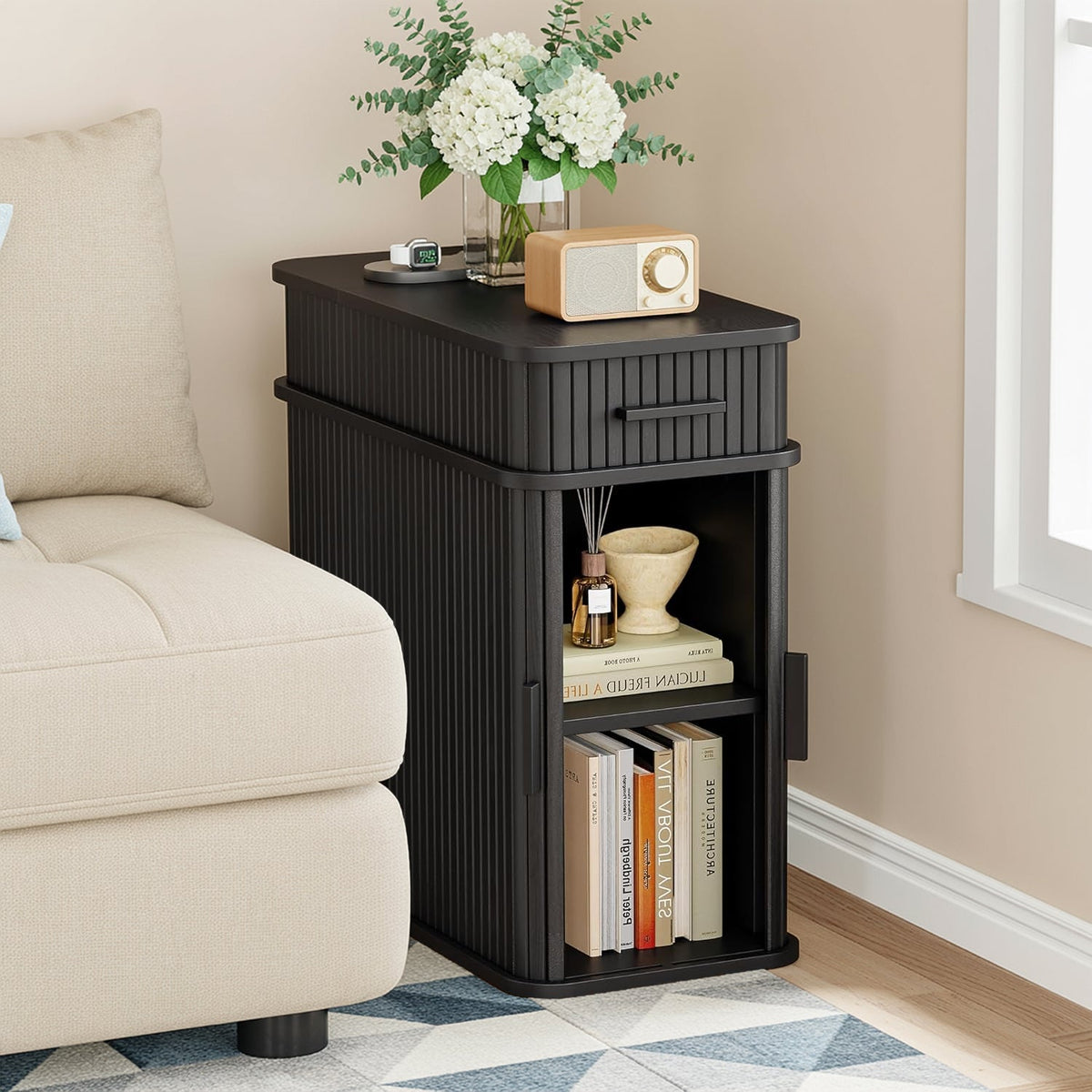 Narrow Flip Top Nightstand with Charging Station