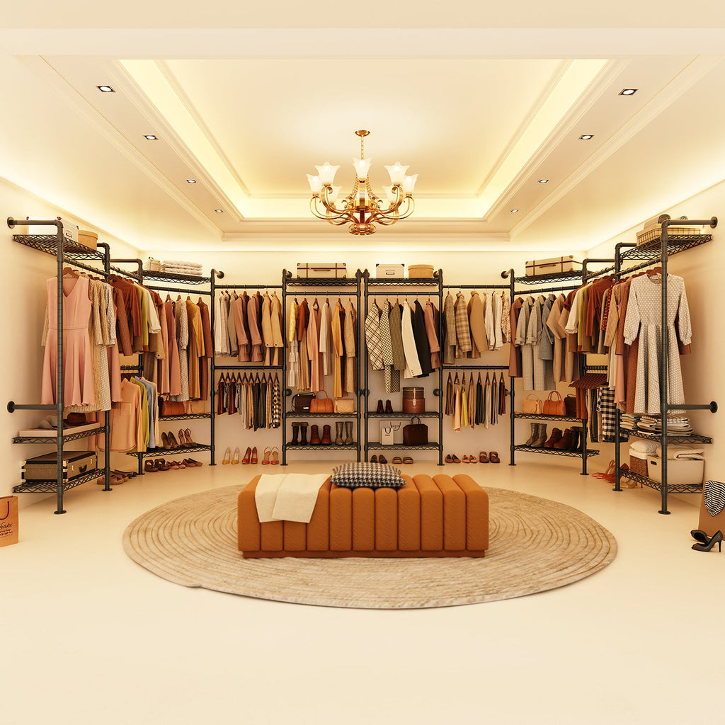 Wall Mounted Closet System with 4 Rods and 9 Shelves