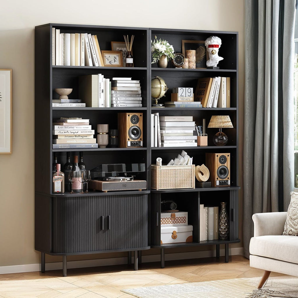 71 Inch 4-Tier Tall Bookcase with Sliding Door Cabinet