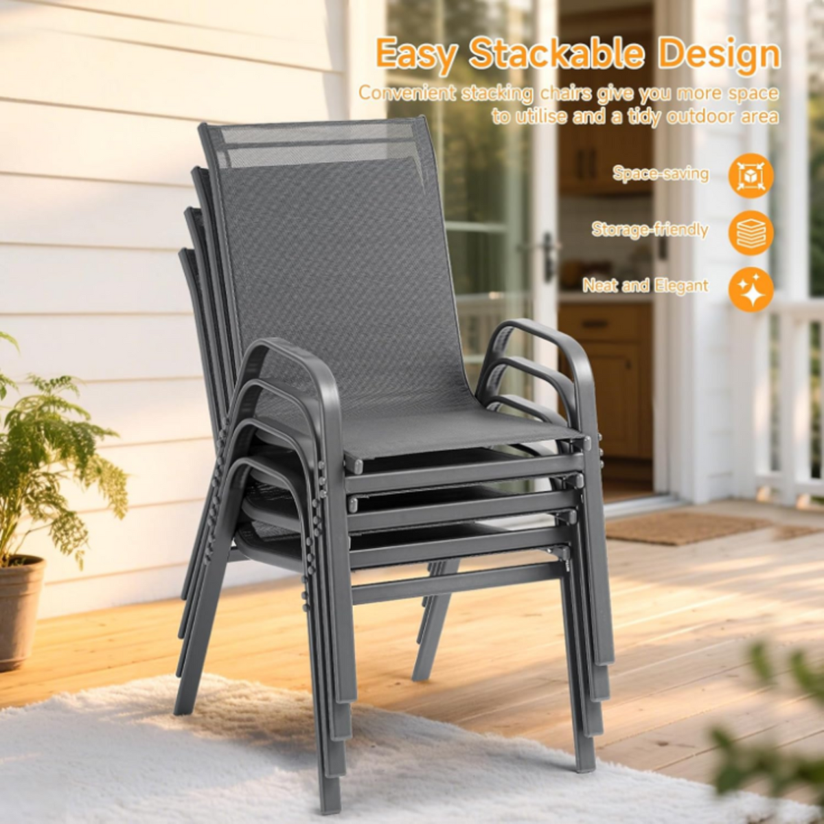 Stackable Metal Outdoor Dining Chairs, Set of 2, 4 or 6