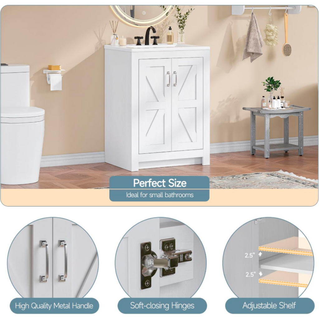 24-Inch Farmhouse Bathroom Vanity with Sink, 2 Doors