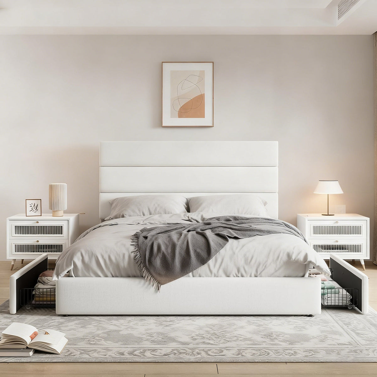 Velvet Storage Bed with Padded Headboard, 4 Drawers