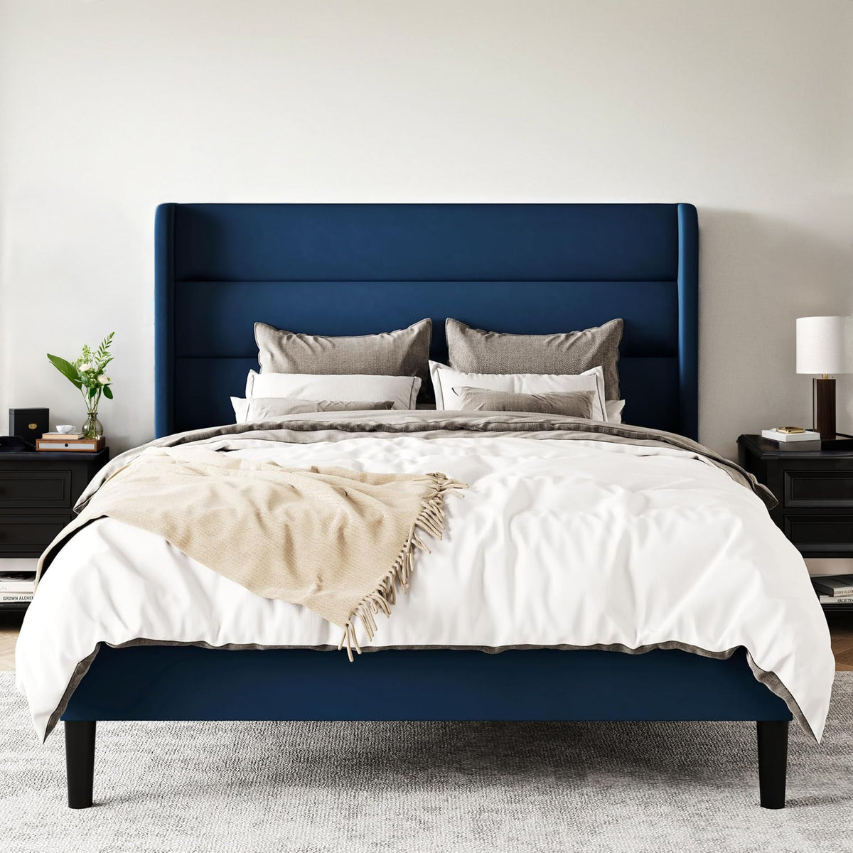 Velvet Platform Bed with Tufted Wingback and Storage