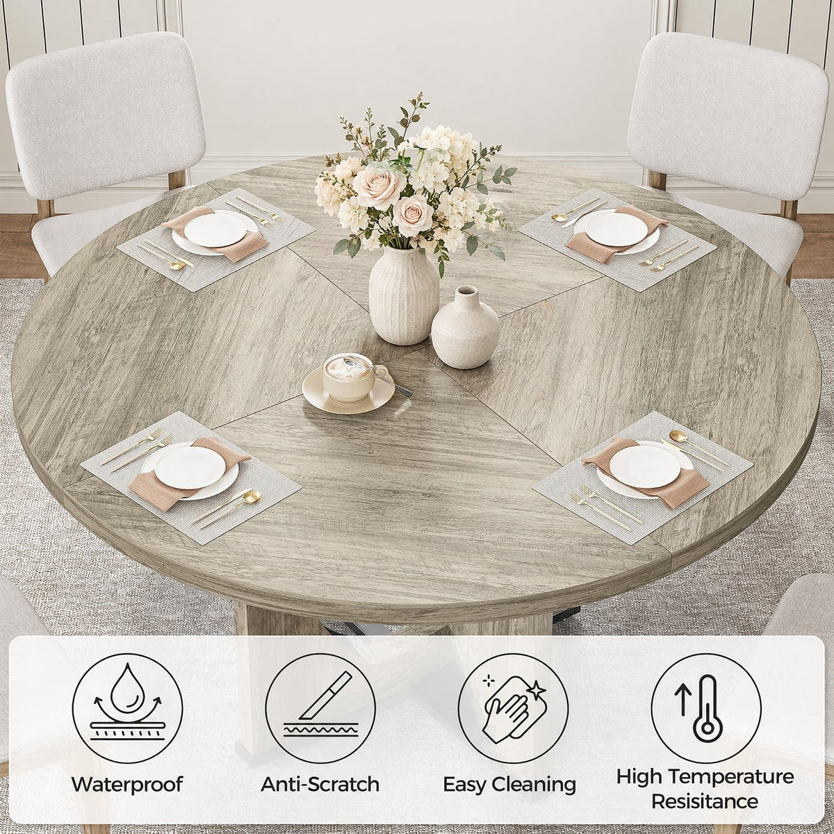 47-Inch Farmhouse Round Pedestal Dining Table