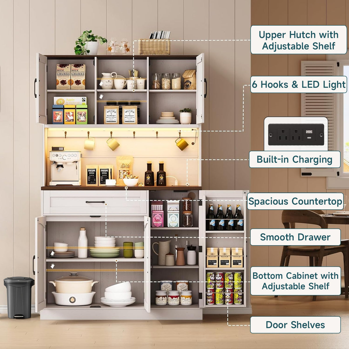 71-Inch Kitchen Pantry Cabinet with LED Light and Outlet