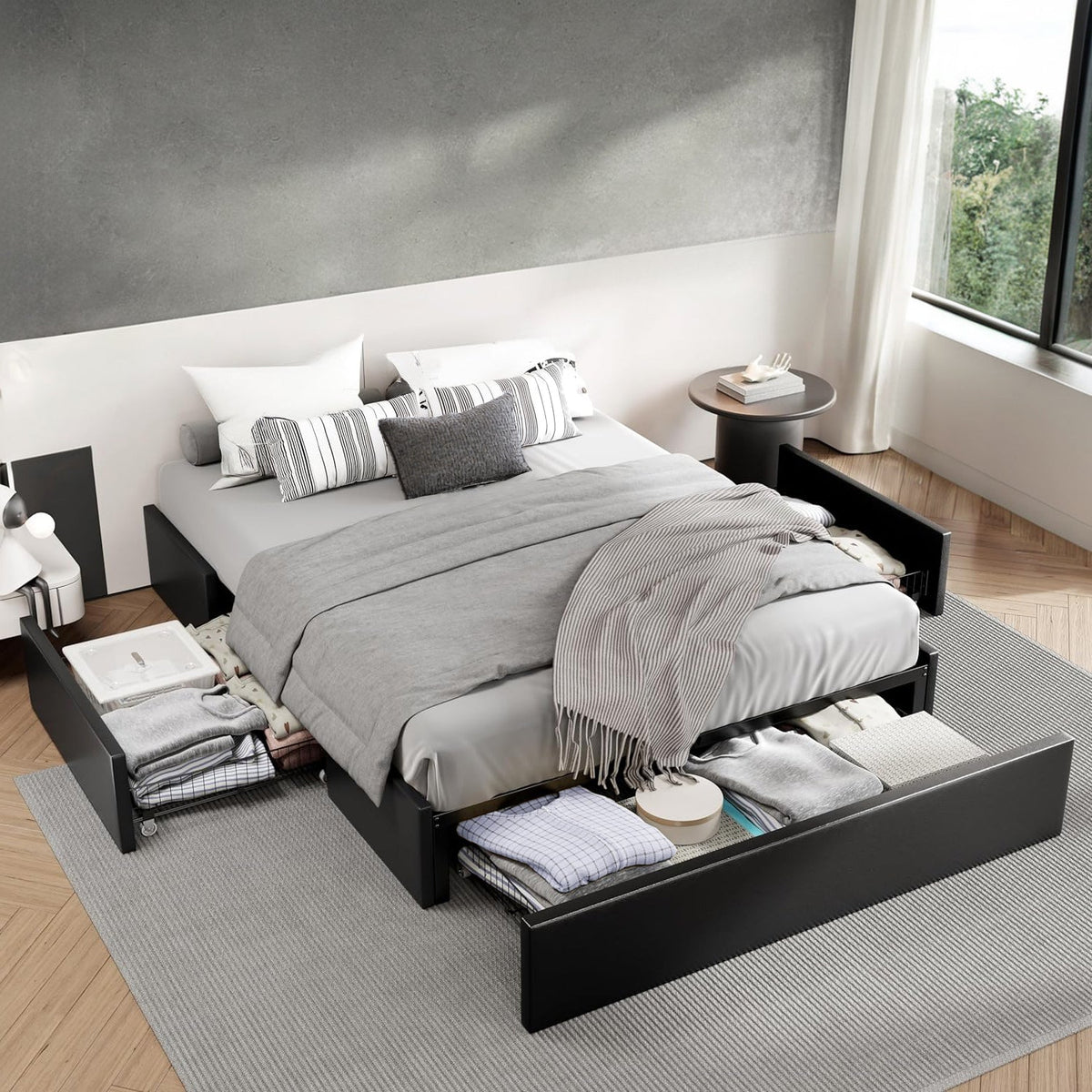 Faux Leather Platform Bed Frame with 3 Storage Drawers