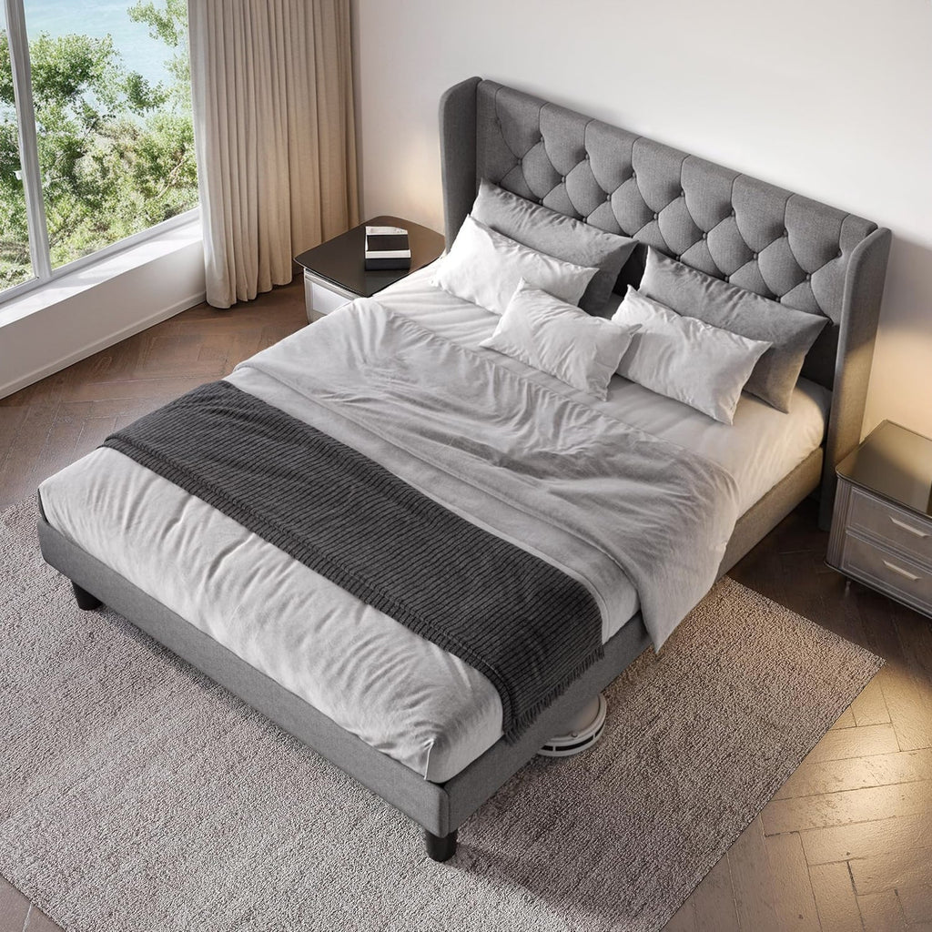Upholstered Platform Bed with Tufted Wingback Headboard